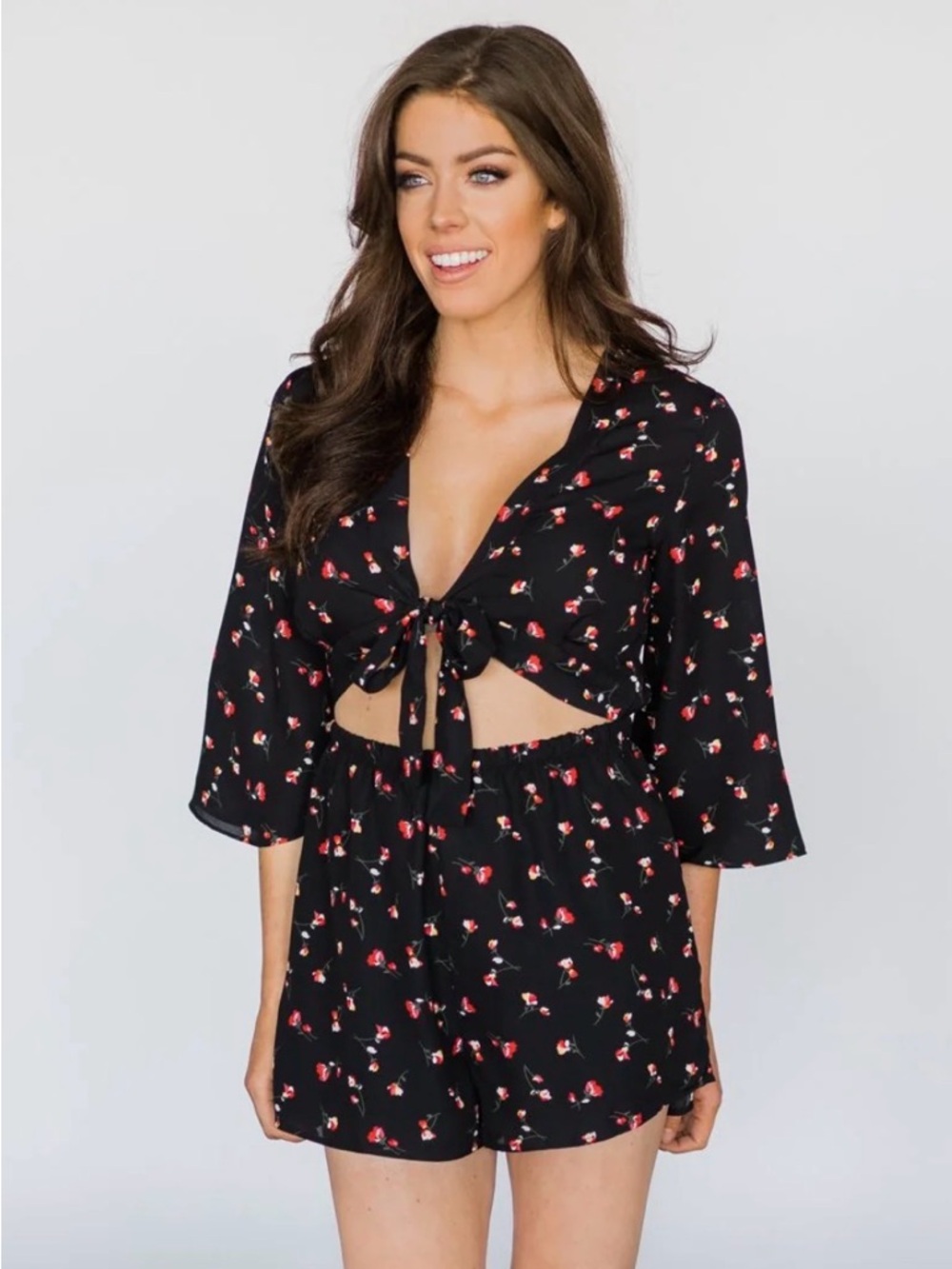 Everly Black Romper with Red and Yellow Floral Design